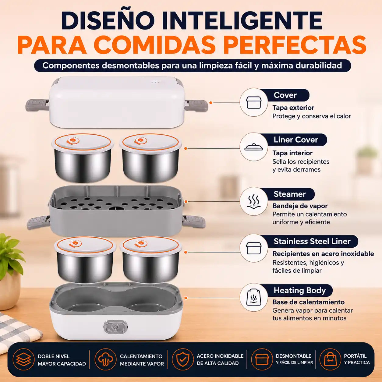 HeatBox® Lonchera Eléctrica Portátil 4 Recipientes | Disfruta tu comida caliente donde estés