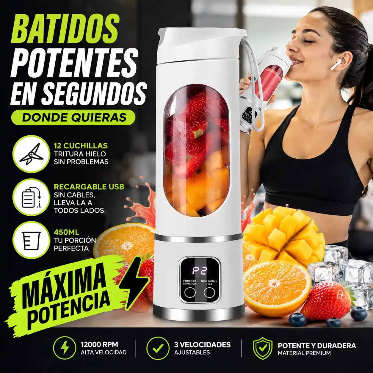 BlendGo® Licuadora Portátil Digital — Batidos Potentes Donde Quieras