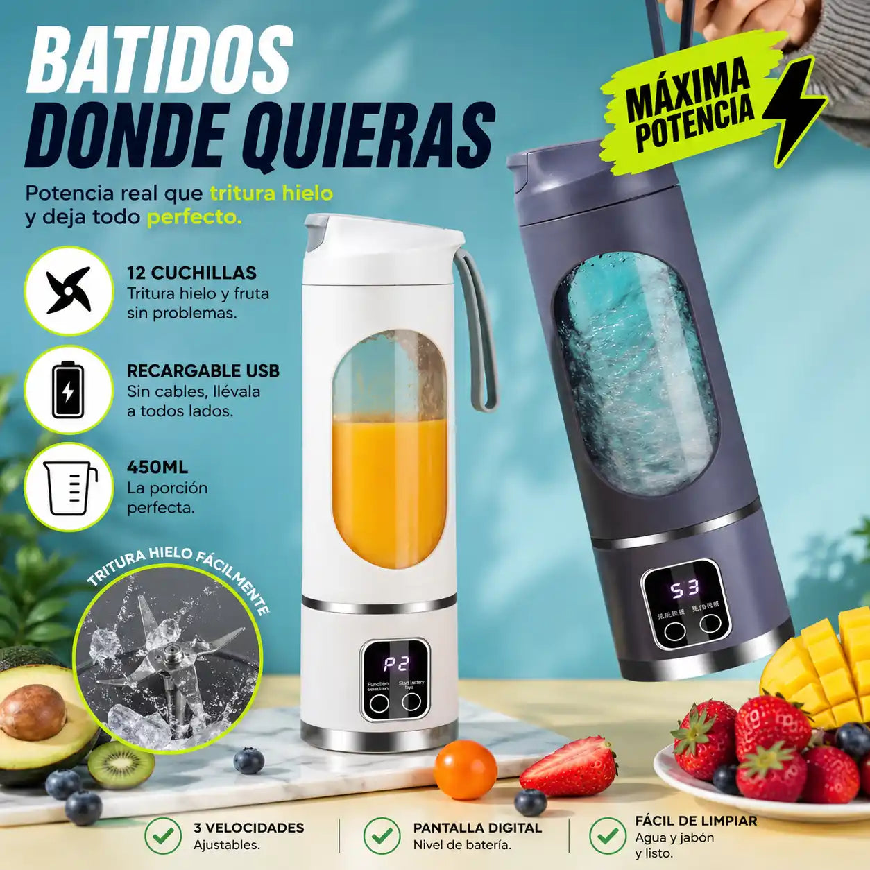 BlendGo® Licuadora Portátil Digital — Batidos Potentes Donde Quieras