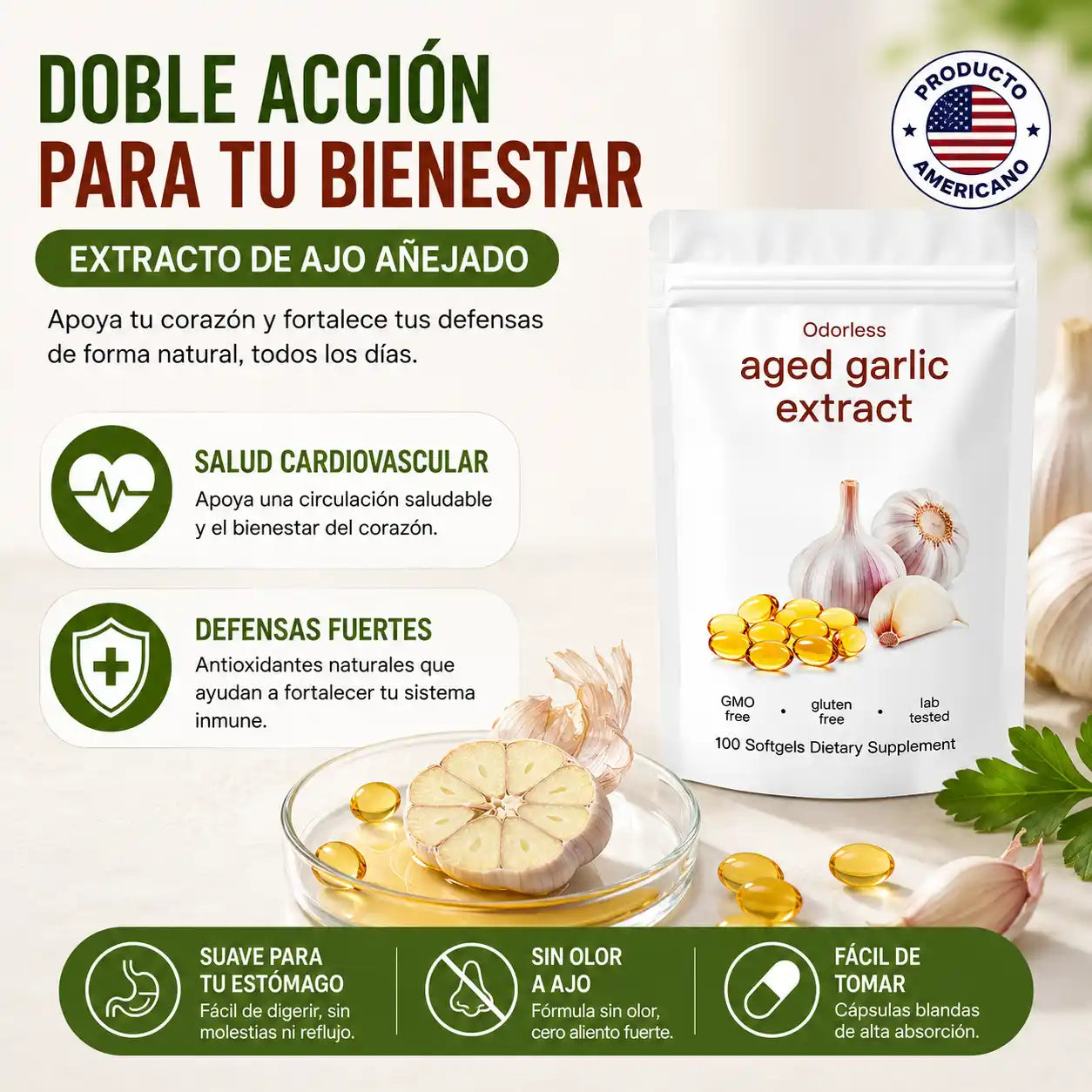GarlicPlus® Cápsulas de Ajo Añejado Sin Olor | Apoyo diario para tu corazón y defensas
