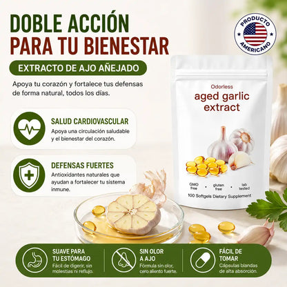 GarlicPlus® Cápsulas de Ajo Añejado Sin Olor | Apoyo diario para tu corazón y defensas