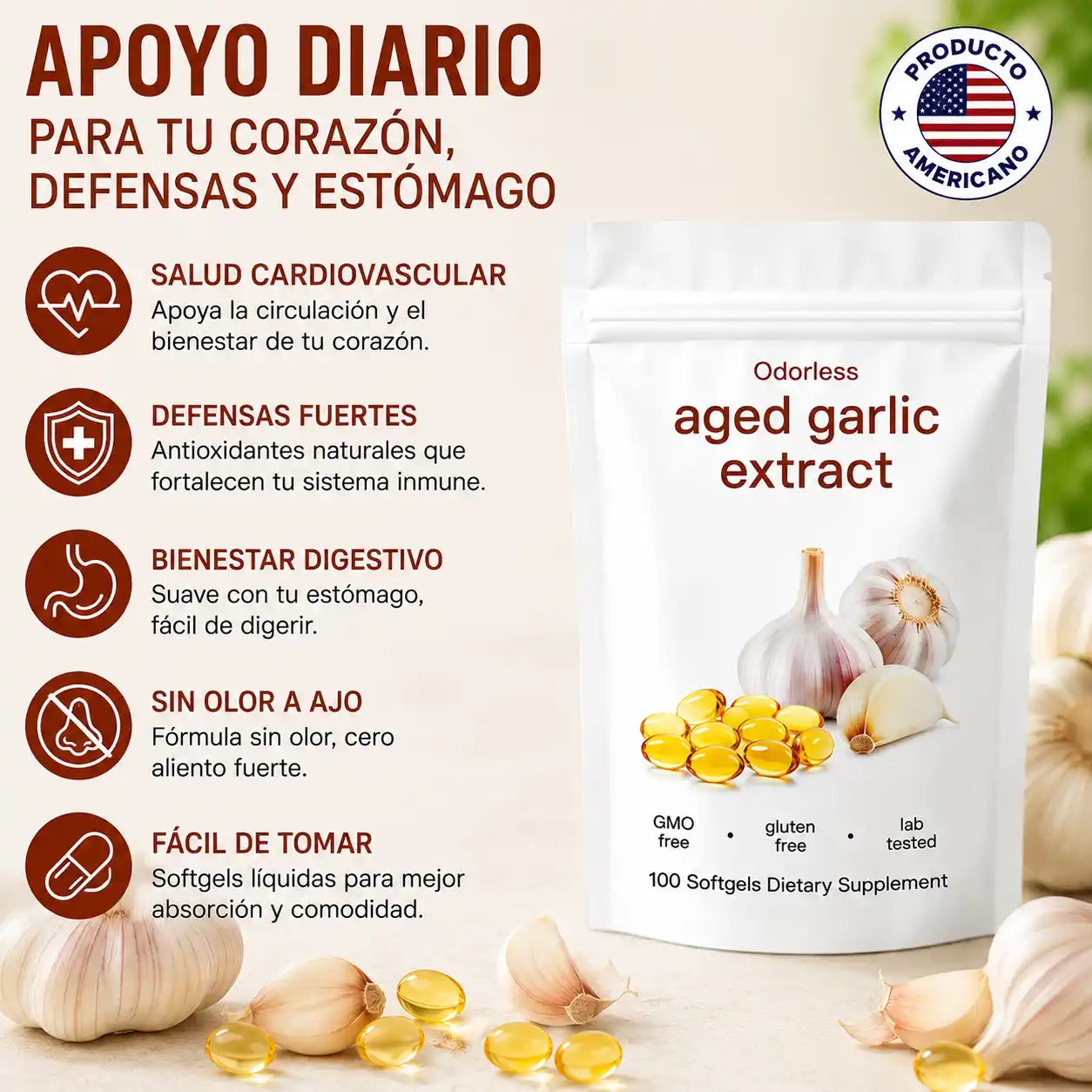 GarlicPlus® Cápsulas de Ajo Añejado Sin Olor | Apoyo diario para tu corazón y defensas