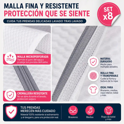 MeshCare® Set de 8 Bolsas de Malla para Lavadora | Protege tu ropa favorita en cada lavado