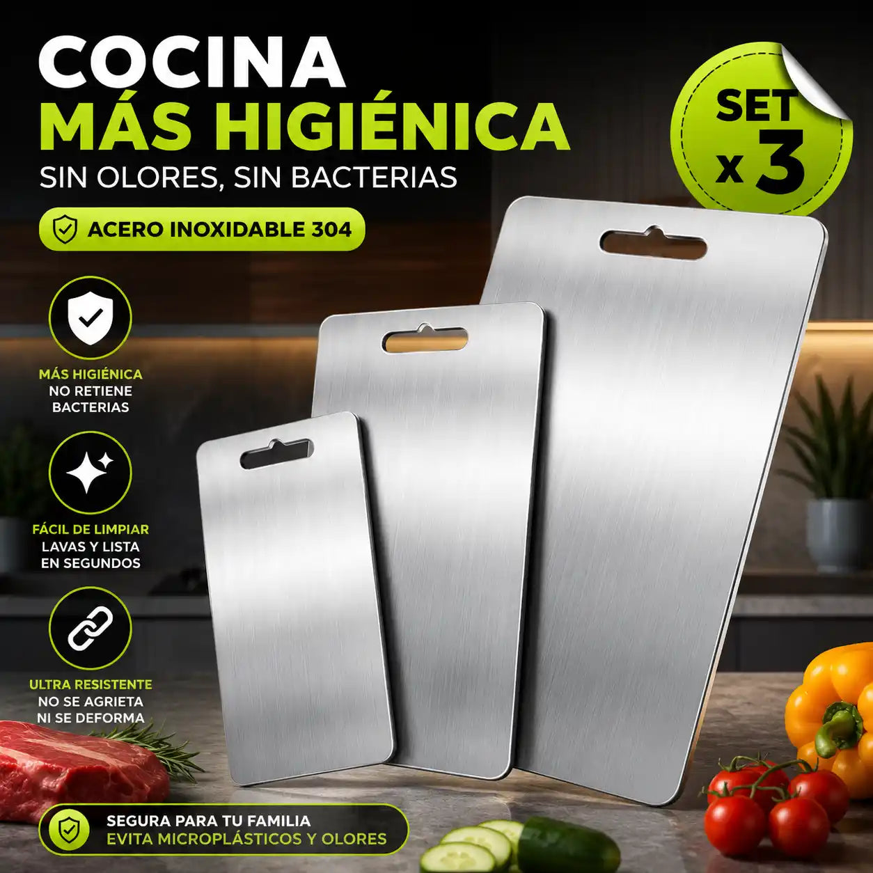 SteelBoard™ | Set X3 Tablas de Cortar en Acero Inoxidable 304