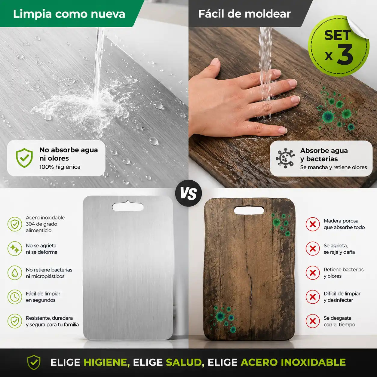 SteelBoard™ | Set X3 Tablas de Cortar en Acero Inoxidable 304