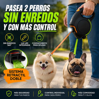 DualWalk™ Correa Retráctil Doble Para Perros | Pasea 2 perros sin enredos y con mayor control