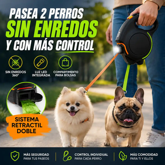 DualWalk™ Correa Retráctil Doble Para Perros | Pasea 2 perros sin enredos y con mayor control