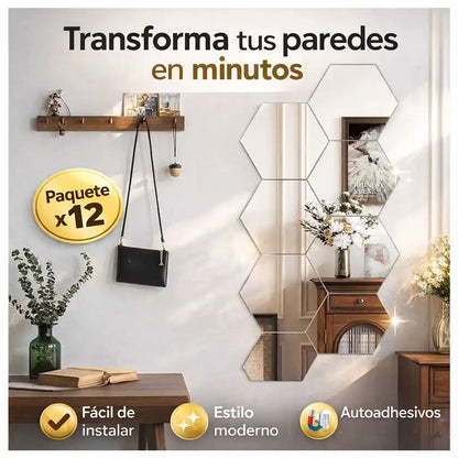 HEXAMIRROR® – Espejos Hexagonales Acrílicos Adhesivos (Pack x12)