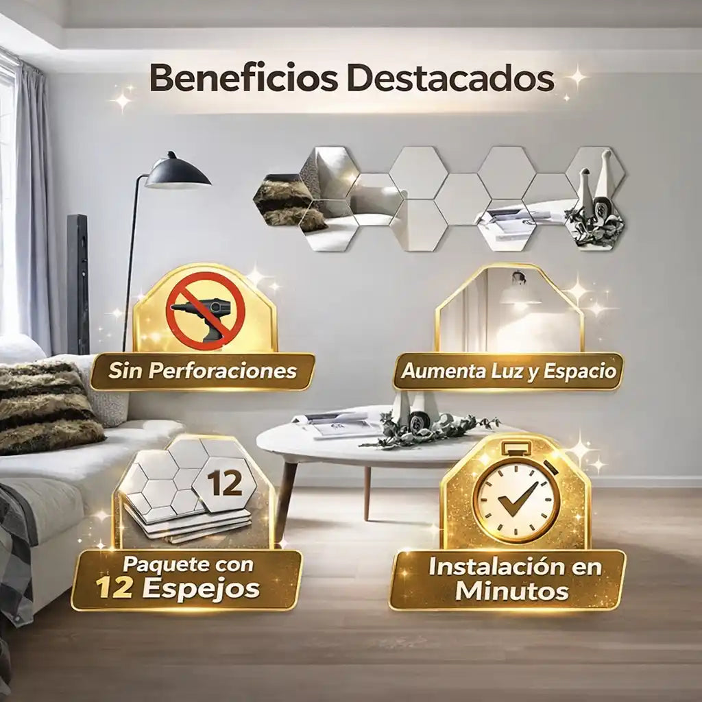 HEXAMIRROR® – Espejos Hexagonales Acrílicos Adhesivos (Pack x12)