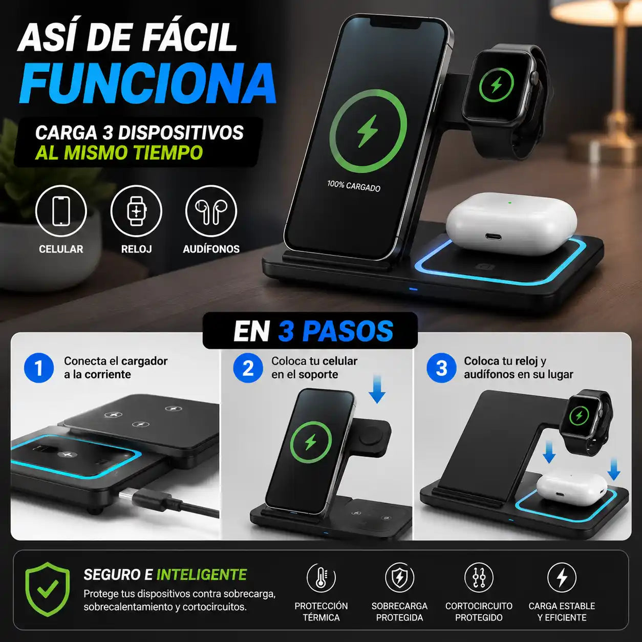 WireLess™ Cargador Inalámbrico 3 en 1 | Olvídate del desorden de cables