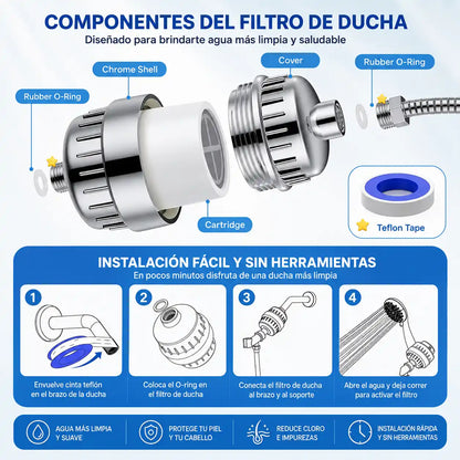 PureFlow™ Filtro Purificador de Ducha 22 Etapas | Agua limpia para cuidar tu piel y tu cabello