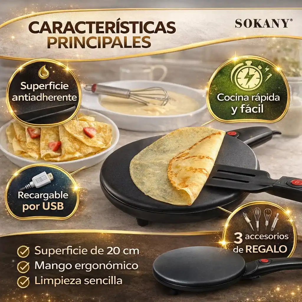 CrepeJoy® Sokany – Máquina para Crepes Eléctrica + 3 Obsequios