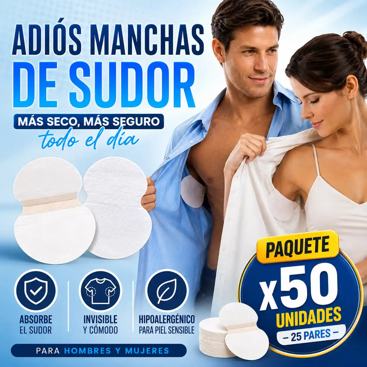 DryPatch™ | Almohadillas Antisudor Para Axilas, X 50 unidades - Tu Ropa Seca y Sin Manchas