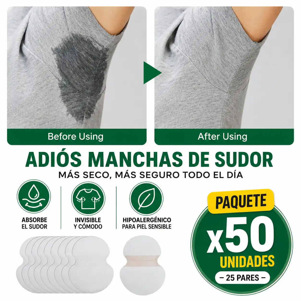 DryPatch™ | Almohadillas Antisudor Para Axilas, X 50 unidades - Tu Ropa Seca y Sin Manchas