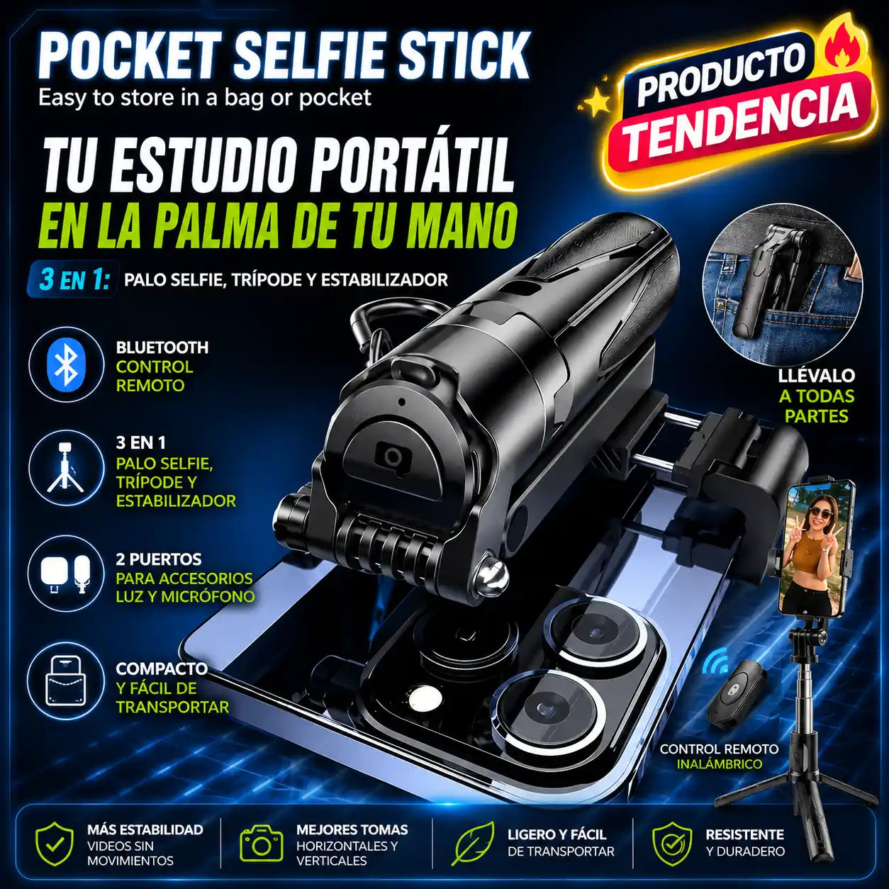 SnapGrip™ | Trípode Selfie 3 en 1 con Bluetooth y Estabilizador