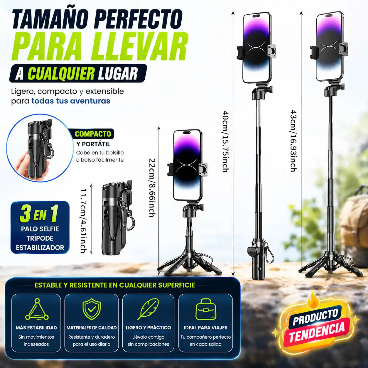 SnapGrip™ | Trípode Selfie 3 en 1 con Bluetooth y Estabilizador