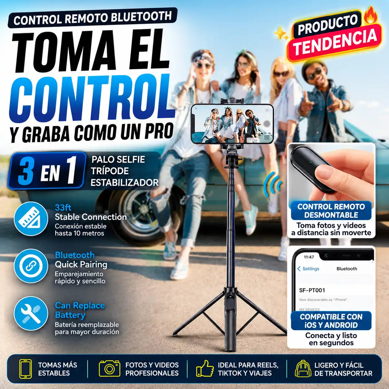 SnapGrip™ | Trípode Selfie 3 en 1 con Bluetooth y Estabilizador