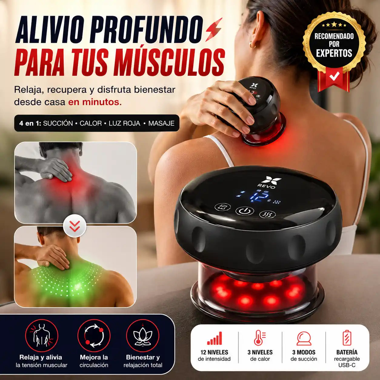 CupRelief™ | Masajeador Ventosa Eléctrico 4 en 1 para Relajación y Bienestar Muscular