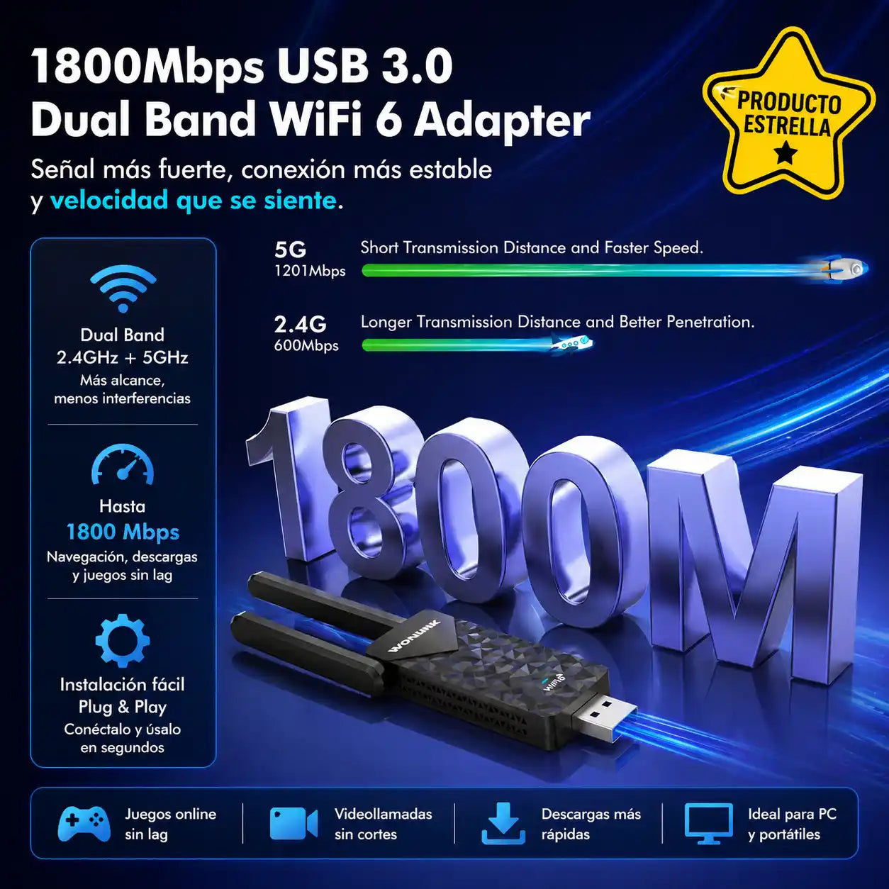 FastLink™ Receptor WiFi USB A112 – Conexión estable y rápida sin cables