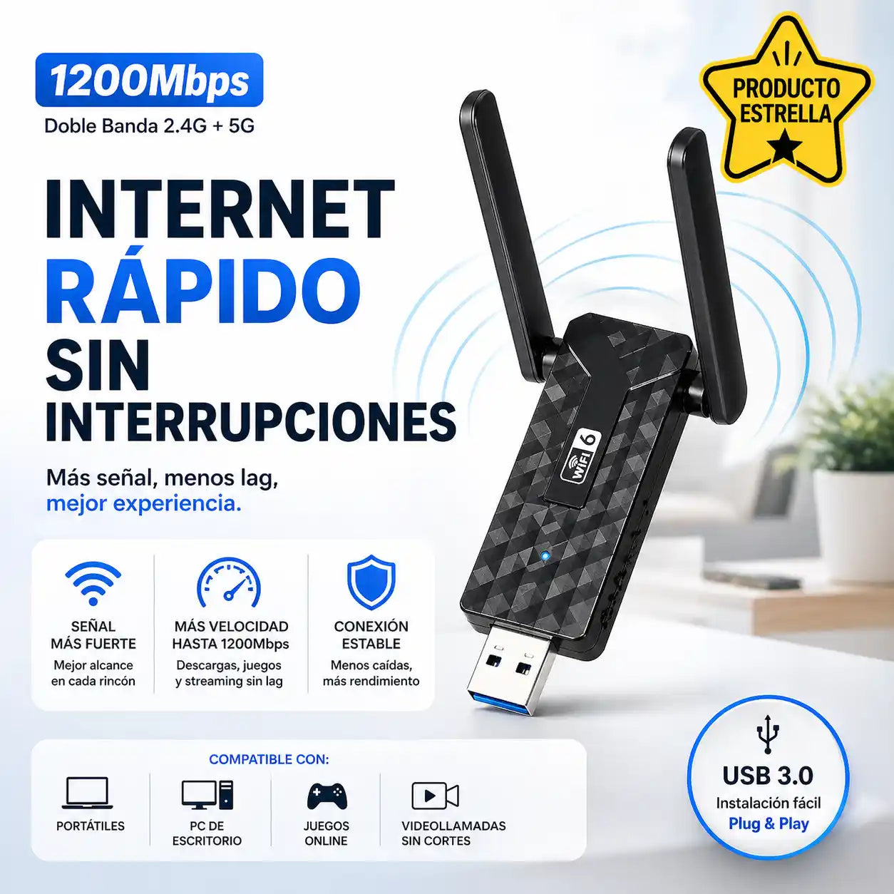 FastLink™ Receptor WiFi USB A112 – Conexión estable y rápida sin cables