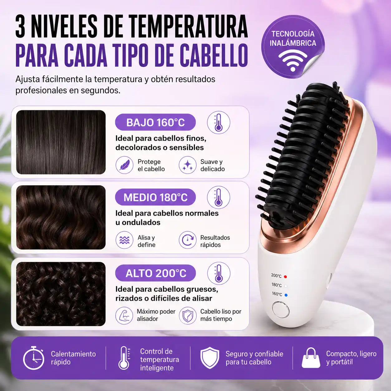 GlowBrush® Mini Cepillo Alisador Portátil | Cabello liso y arreglado donde quieras