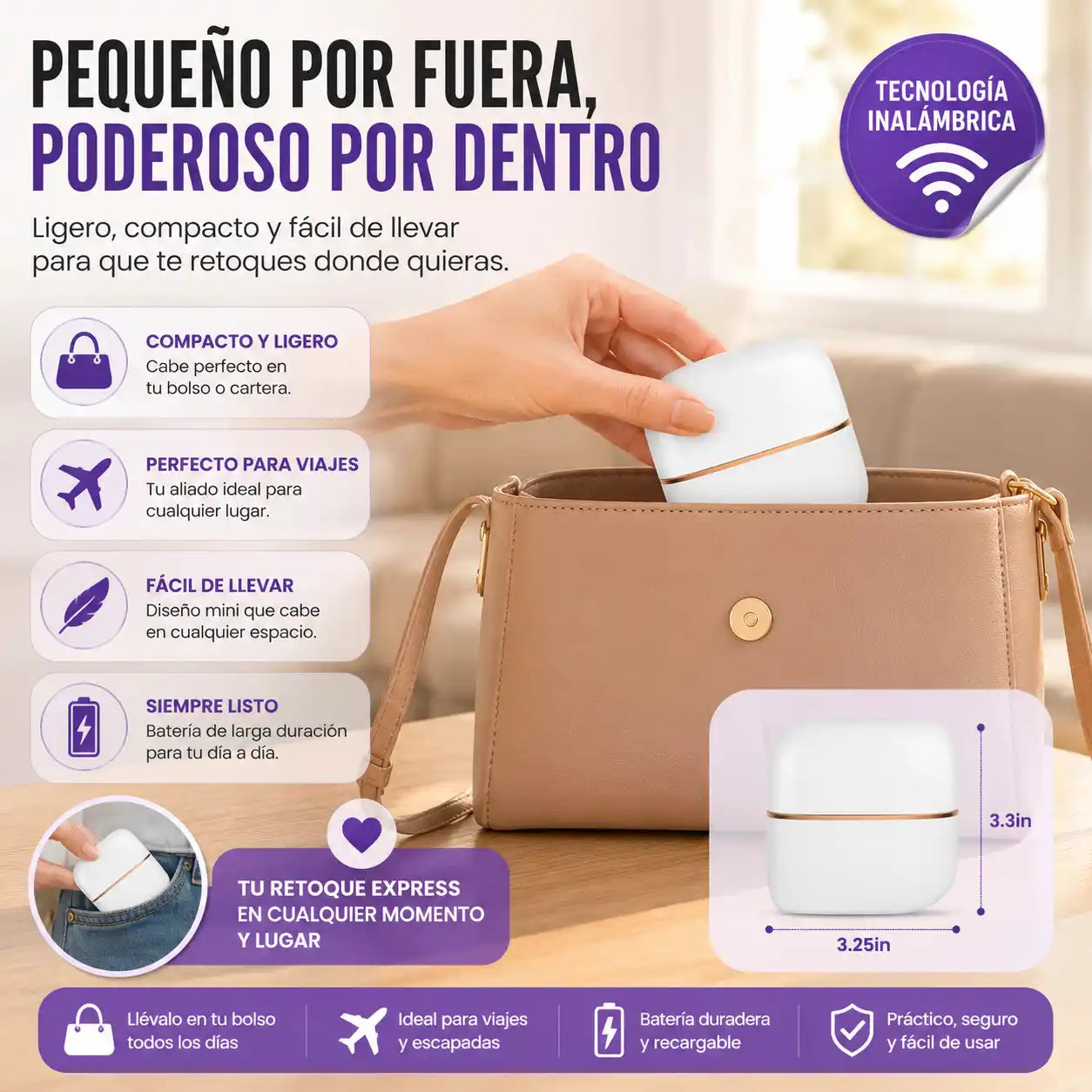 GlowBrush® Mini Cepillo Alisador Portátil | Cabello liso y arreglado donde quieras