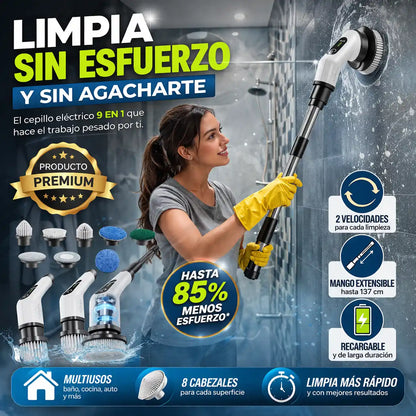 CleanSpin Pro™ Cepillo Multiusos 9 en 1 – Limpia sin esfuerzo y sin agacharte