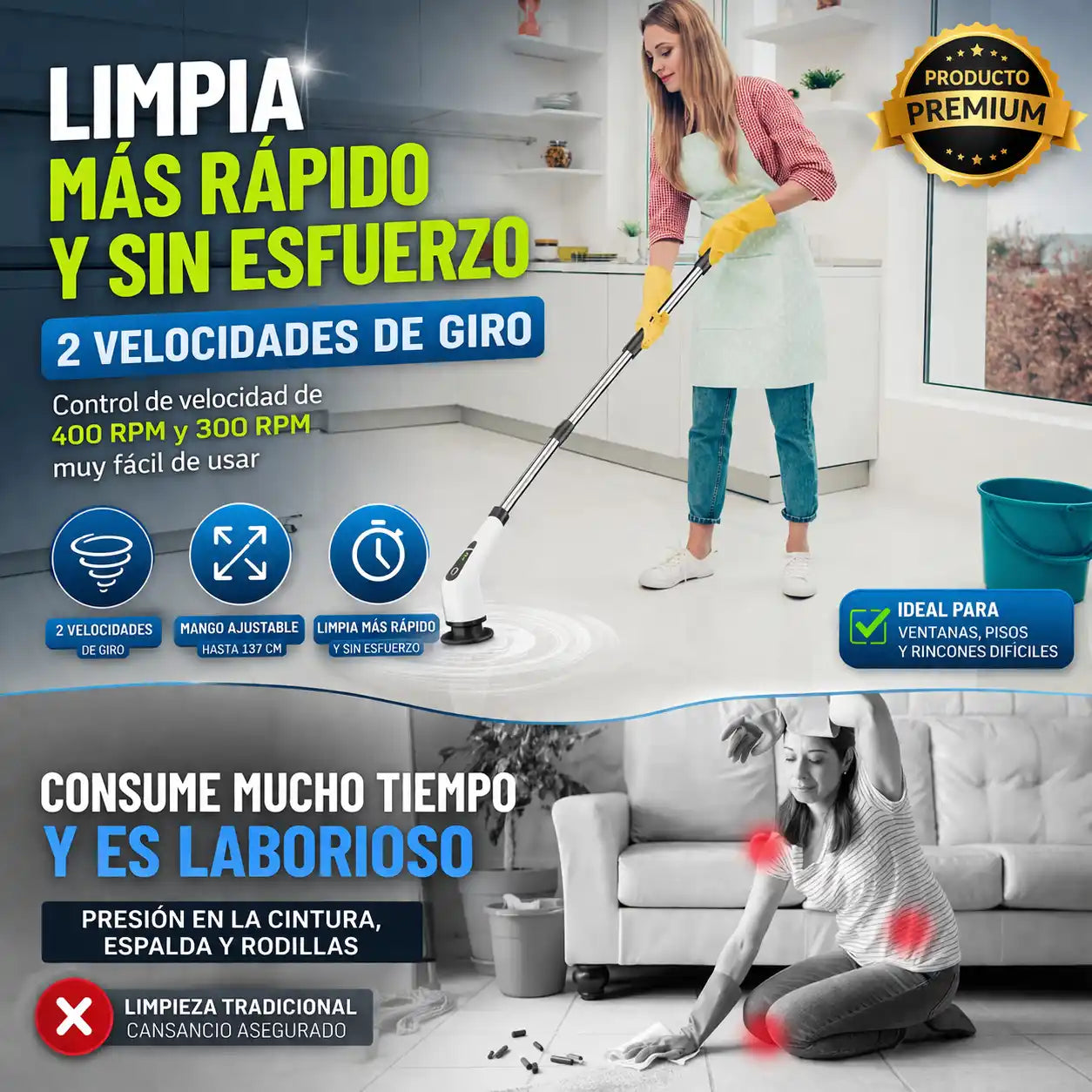 CleanSpin Pro™ Cepillo Multiusos 9 en 1 – Limpia sin esfuerzo y sin agacharte