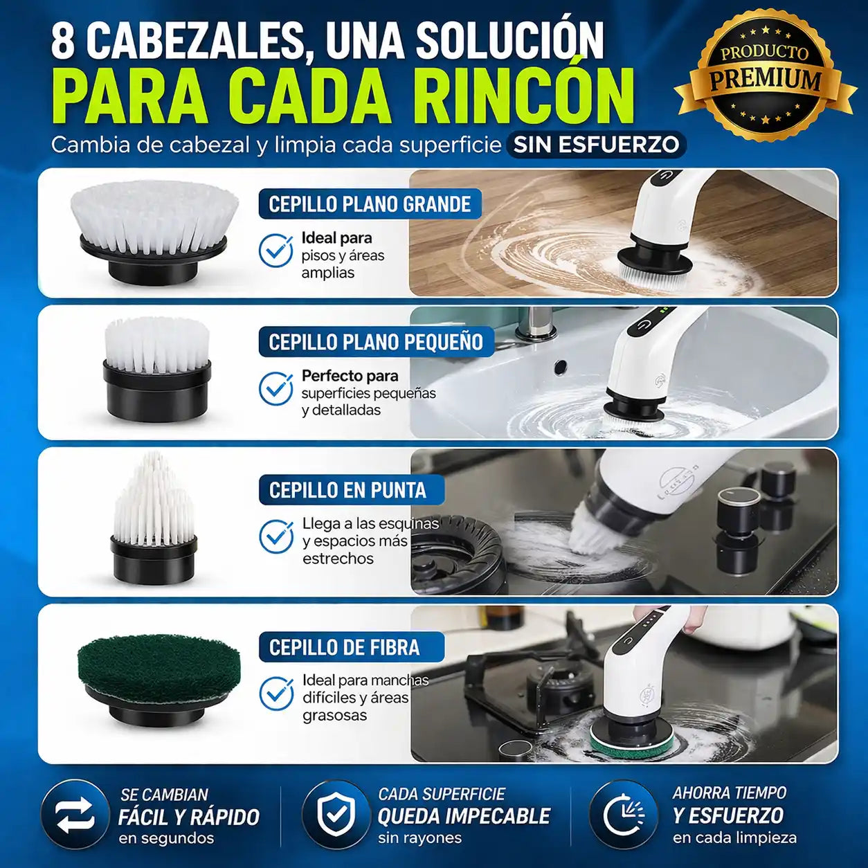 CleanSpin Pro™ Cepillo Multiusos 9 en 1 – Limpia sin esfuerzo y sin agacharte