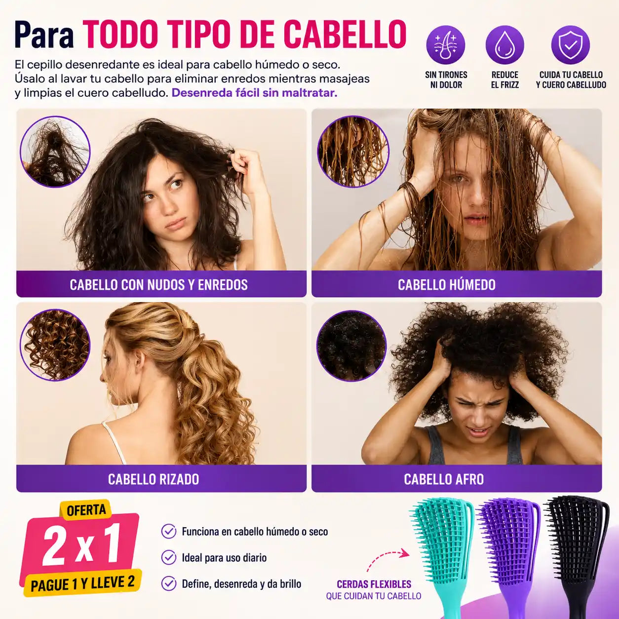 CurlEase® OFERTA 2X1 de Cepillo Desenredante Antifrizz – Define Tus Rizos Sin Jalones