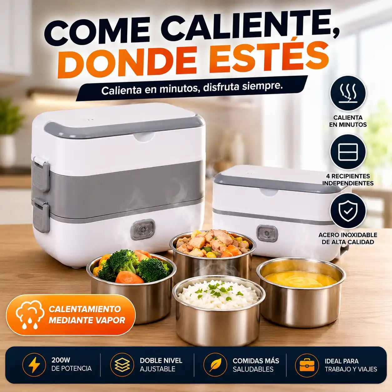 HeatBox® Lonchera Eléctrica Portátil 4 Recipientes | Disfruta tu comida caliente donde estés