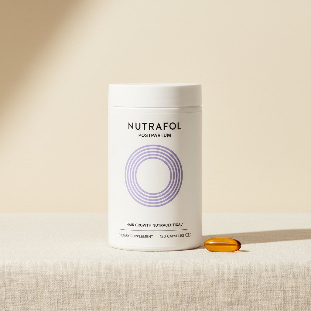 Nutrafol Postpartum frasco editorial sobre lino